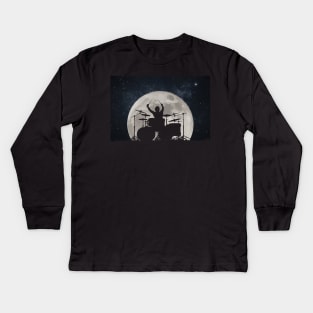 Drummer Playing Drums In Moon Space Solar System Kids Long Sleeve T-Shirt